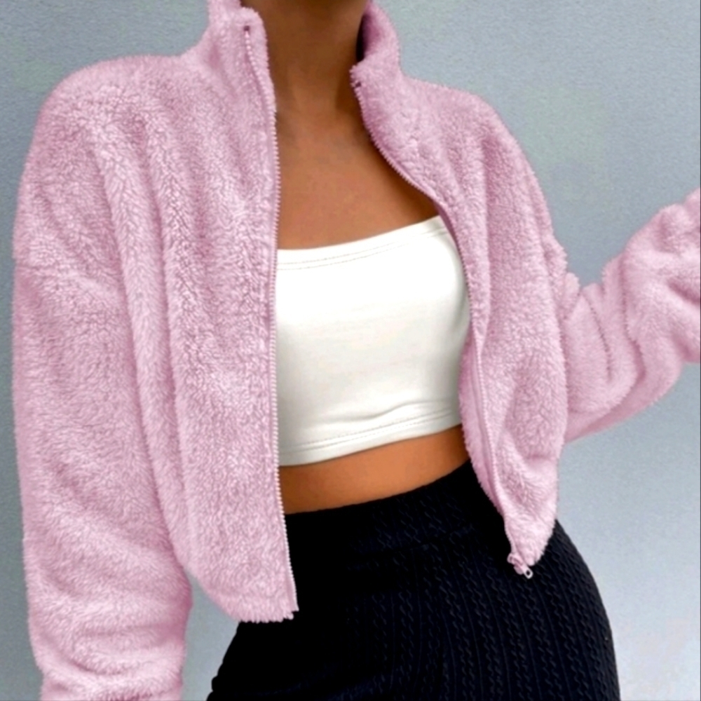 Coquette Girl Teddy Jacket Cropped Drop Shoulder Zip Up Pastel Pink Fuzzy Furry